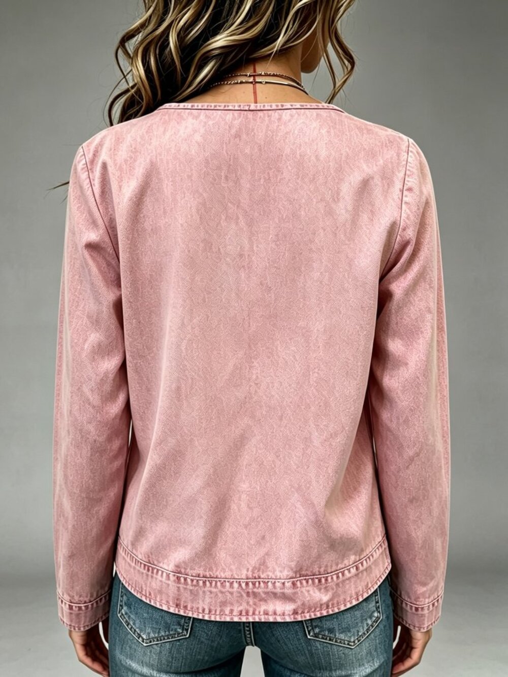 Pink Casual Women's Retro Button Pocket V Neck Long Sleeve Top - Picture 2 of 5